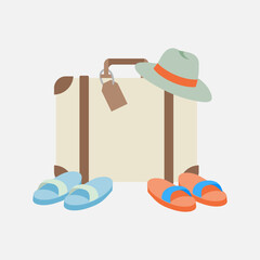 Flat vector illustration of a vintage suitcase with a summer hat and two pairs of sandals. Travel and packing theme.