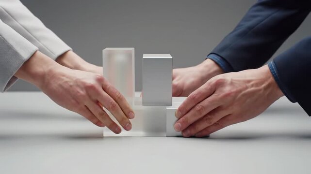 Clean hands in business-casual attire slide frosted acrylic L-shape and polished aluminum block on a grey studio surface; shapes interlock perfectly, soft bokeh background. Concept of synergy and