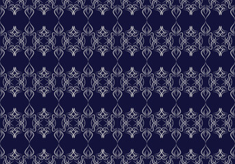 The exquisite seamless pattern is distinguished by silver embellishments on a dark blue background.