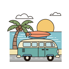 Flat vector illustration of a vintage camper van with a surfboard on top, parked by the beach with palm trees and sunset sky.