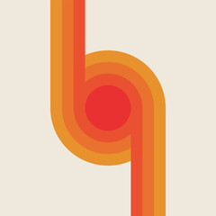 Retro 70s style minimalist graphic background with orange and red curved stripes forming a circular center on beige paper.