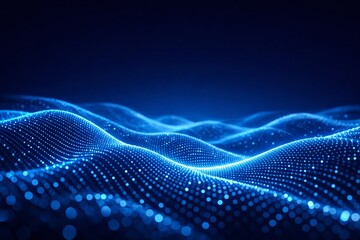 Glowing blue digital wave of particles forming abstract 3D surface on dark background shows futuristic data flow and technology concept visualization. Ai generative