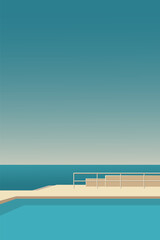 Minimalist flat vector illustration of a luxury swimming pool by the ocean with clear blue sky and simple railing design.
