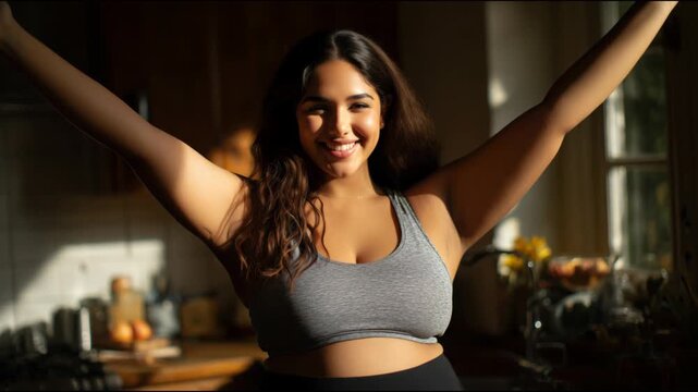 Joyful woman in sportswear starting her day with a stretch in a sunlit kitchen at home