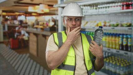 Man engineer in white hardhat and yellow hivis vest holding a plastic water bottle, hand on chin in...