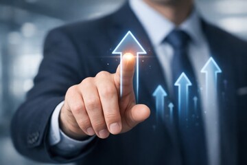 Businessman touching glowing digital arrow pointing upward, symbolizing growth and success in futuristic business strategy concept on dark background. Ai generative