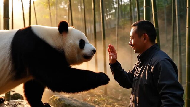 A person interacting with a panda in a lush bamboo forest during early morning light, creating a serene and harmonious atmosphere