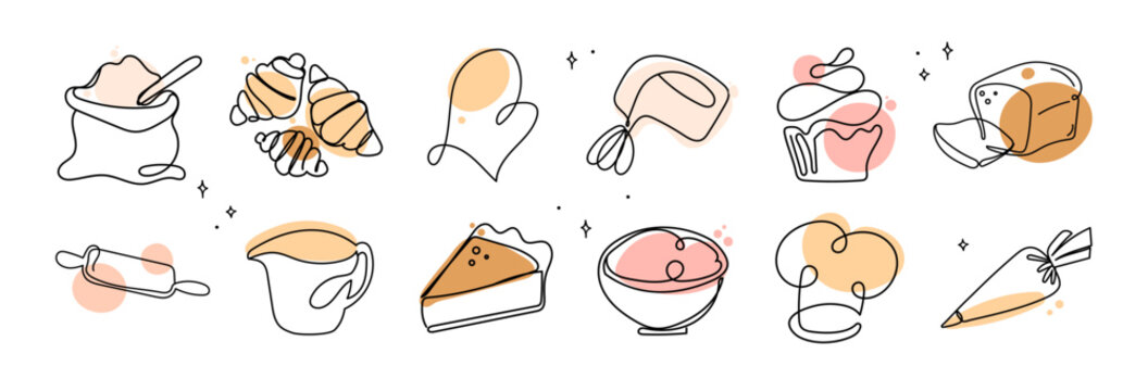 Baking and Pastry One Line Icon Set in Minimal Style. Continuous line baking and pastry icons of croissants, cakes, utensils for recipe design, food blogs, packaging, menus, culinary branding. Vector