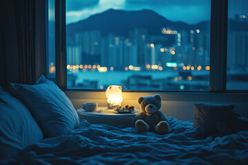 A children's bed with a teddy bear, a large window, and a view of the night city.