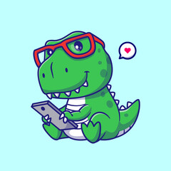 Obraz premium Cute Dino Baby Playing Phone Cartoon Vector Icon Illustration. Animal Technology Icon Concept Isolated Premium Vector. Flat Cartoon Style 