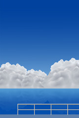 Minimalist vector illustration of large white fluffy clouds over a calm blue sea with a simple railing foreground.
