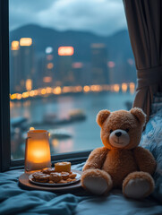 A children's bed with a teddy bear, a large window, and a view of the night city.