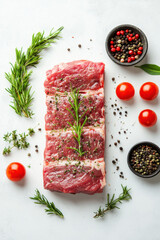 A piece of raw meat with spices and herbs lies on a white background