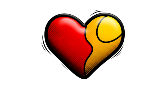 A graphic representation of a heart split into two halves one red and the other yellow with a black outline and a dot pattern effect - Powered by Adobe