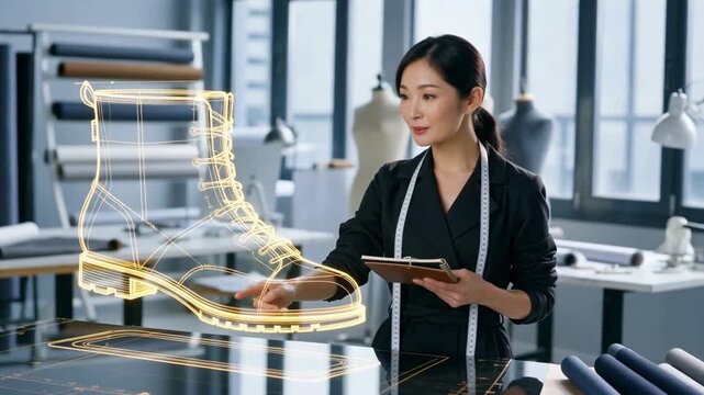 A professional woman in a design studio engages with a holographic boot prototype while taking notes on a tablet