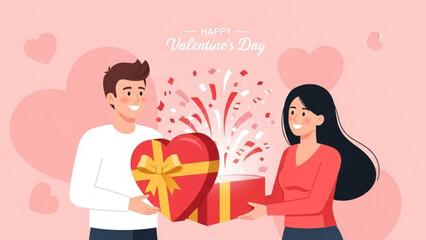 Happy valentine's day couple exchanging gifts heart and box with yellow ribbons on pink background with hearts
