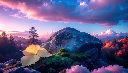 Colorful sunset over a rocky landscape with a leaf in the foreground and trees in the background