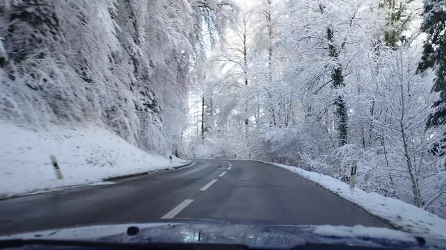 Car windshield POV of driving through a snowy winter forest winding country road. Wide angle view, heavy snow on tree branches, real time video, no people