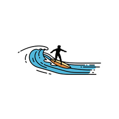 Fototapeta premium Surfer riding a stylized wave, minimalist line art, vector illustration, ocean sport