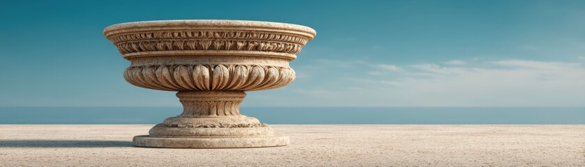 Fototapeta premium A large, ornate stone urn sits on a sandy surface, contrasting with a clear sky and ocean in the background, foundation, long-term investment, leadership