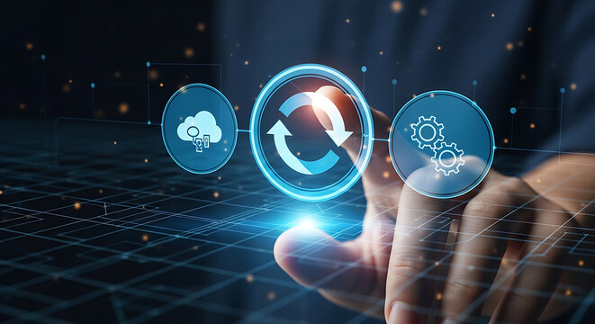 Hand interacting with cloud sync interface