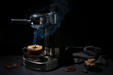 Machine à expresso vintage et tasse de café fumant et odorant dans laquelle une goutte fait des éclaboussures
