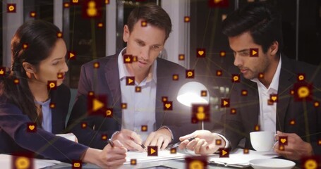 Animation of network of connections with icons over business people - Powered by Adobe