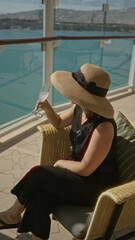 Naklejka premium Woman wearing widebrim hat holds a wine glass on a building terrace, seated in wicker chair by glass rail overlooking sea; relaxation.