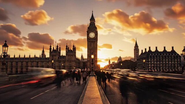 Big Ben's Sunset Vista: The iconic Big Ben clock tower and the Houses of Parliament stand majestically against the vibrant backdrop of a sunset, as a busy city thrives.