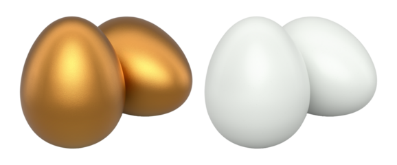 White and white eggs placed side by side isolated on white transparent background. Concept of egg variety and nutrition