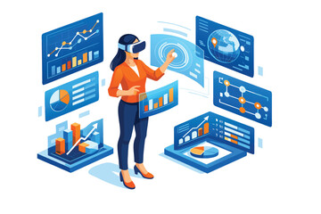 Virtual Reality Data Analyst Interacts With Dynamic Dashboards, Global Analytics, and Interactive Visualizations