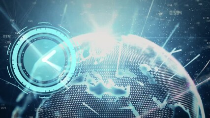 Animation of digital interface with clock over cityscape - Powered by Adobe