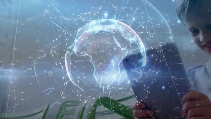 Globe of network of connections against caucasian boy using digital tablet - Powered by Adobe