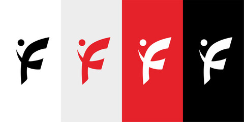Modern abstract letter "F" logo design featuring a dynamic human silhouette or a person jumping with joy. This minimalist symbol represents growth, fitness, success, and vitality.