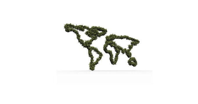 Animation of world map with leaves on white background