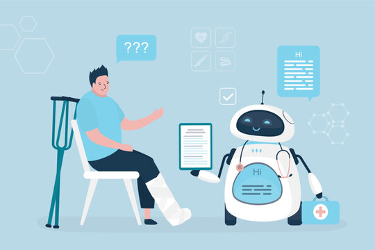 Sad man with broken leg in cast with crutches. Limb fracture. Medical AI chat bot makes a diagnosis. Trauma, injured person sitting on medical bed and talking with robot