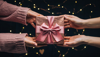 Hands exchanging a gift wrapped with a pink ribbon during a festive occasion in a dimly lit setting with lights