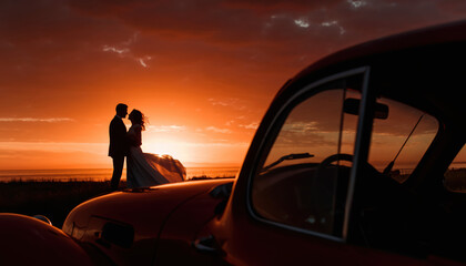 Fototapeta premium Couple stands together at sunset near a vintage car by the ocean