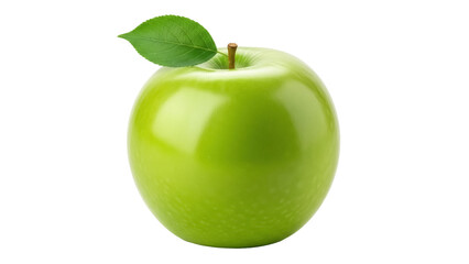 Isolated Granny Smith apple fruit, green color and with leaf on top, studio shot, crisp and fresh