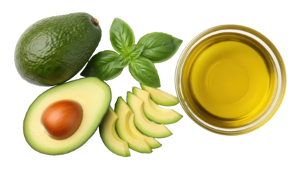 Isolated ingredients for a fresh and healthy recipe with avocado fruit, basil herb and oil