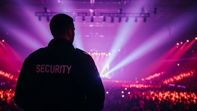 Security guard monitoring concert event with crowd control