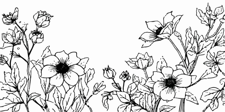 Seamless vintage floral pattern featuring a black and white background with hand-drawn nature sketches of flowers, leaves, and branches for wedding invitation wallpaper art design