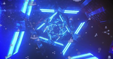 Animation of globe with digital icons over people dancing and music graphic equalizer - Powered by Adobe