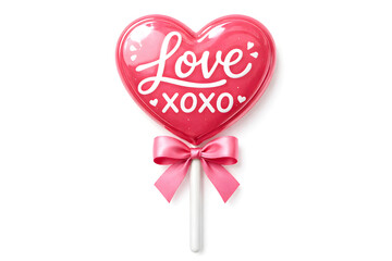 Red heart shaped lollipop with Love XOXO text and pink ribbon bow for Valentines Day holiday treat isolated on white