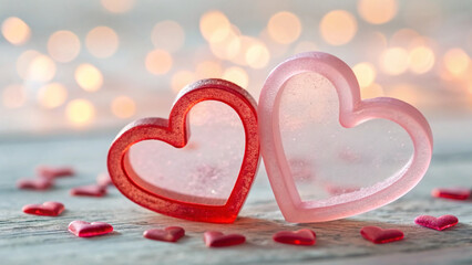 Two hearts in red and pink placed on a wooden table surrounded by small heart shapes with a soft light in the background