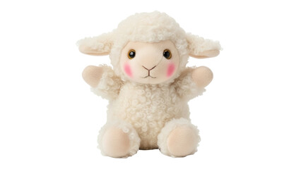 Isolated toy lamb sitting up with small features and fluffy body close up in studio shot