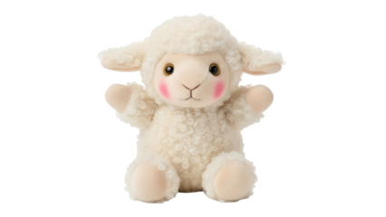 Isolated toy lamb sitting up with small features and fluffy body close up in studio shot
