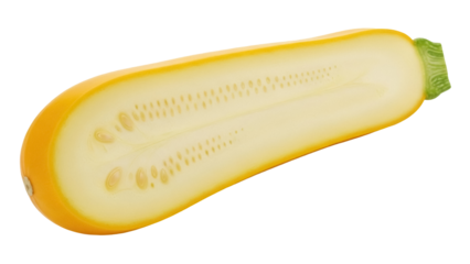Isolated summer squash halved shows seeds inside, a yellow vegetable for healthy eating