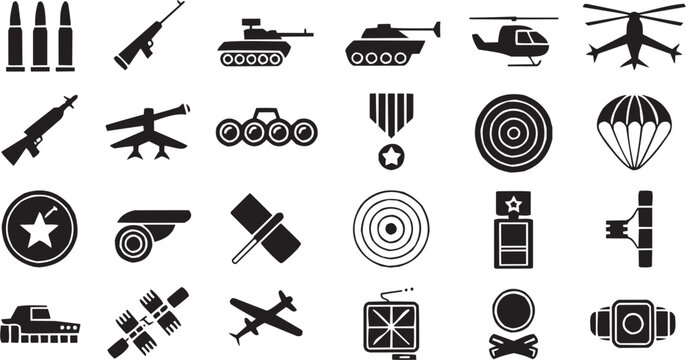Conjunto de iconos vectoriales de tem&aacute;tica militar: tanques, misiles, objetivos, defensa, estrategia, guerra en silueta negra.