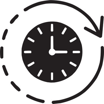 Conjunto de iconos vectoriales de gesti&oacute;n de tiempo: reloj, flecha, curva, rotaci&oacute;n, programaci&oacute;n, horario en silueta negra.